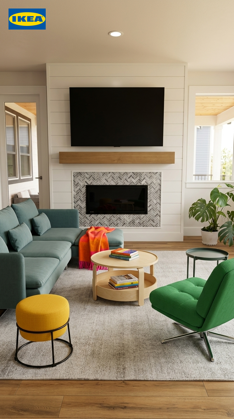 Generated living room render with selected IKEA furniture placed in the room