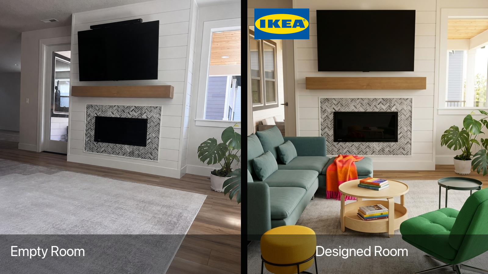 Empty room next to designed IKEA room with IKEA logo