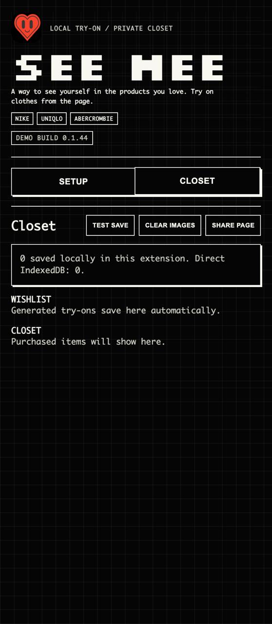 SEE MEE extension Closet tab showing saved local try-on storage