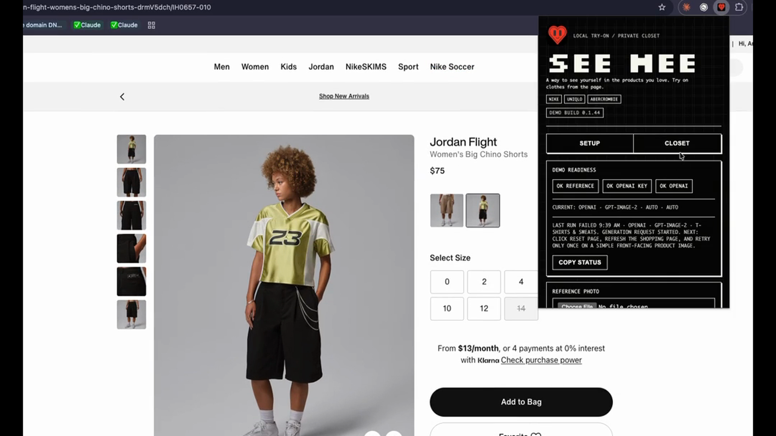 SEE MEE product page screenshot with the Chrome extension closet panel visible