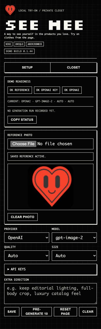 SEE MEE extension setup screen with reference photo, provider settings, API key status, and generation controls
